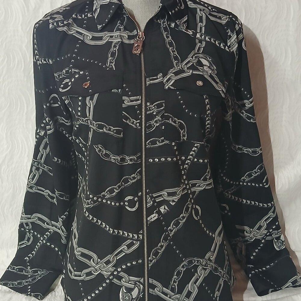 RarMichael Kors zip up blouse chains black silver Cuban links emblem silver
